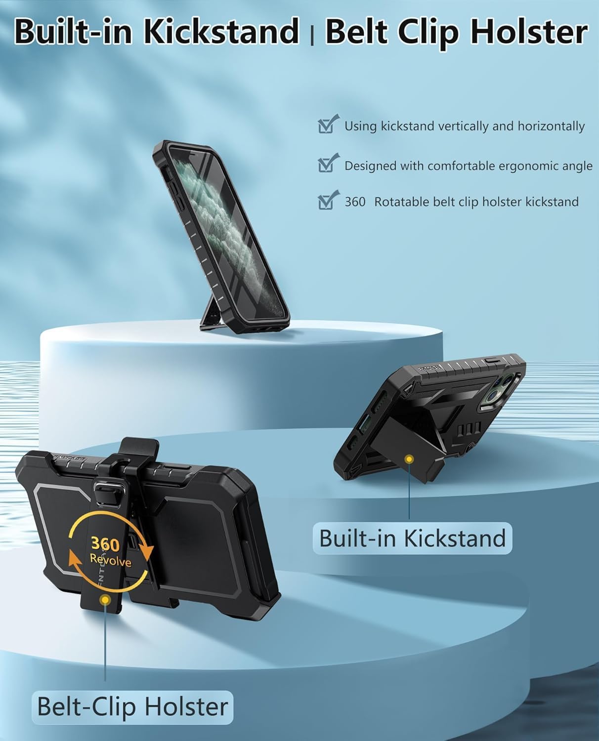 FNTCASE for iPhone 11 Pro Max Military Shockproof Case: with Belt-Clip Holster & Built-in Screen Protector & Kickstand