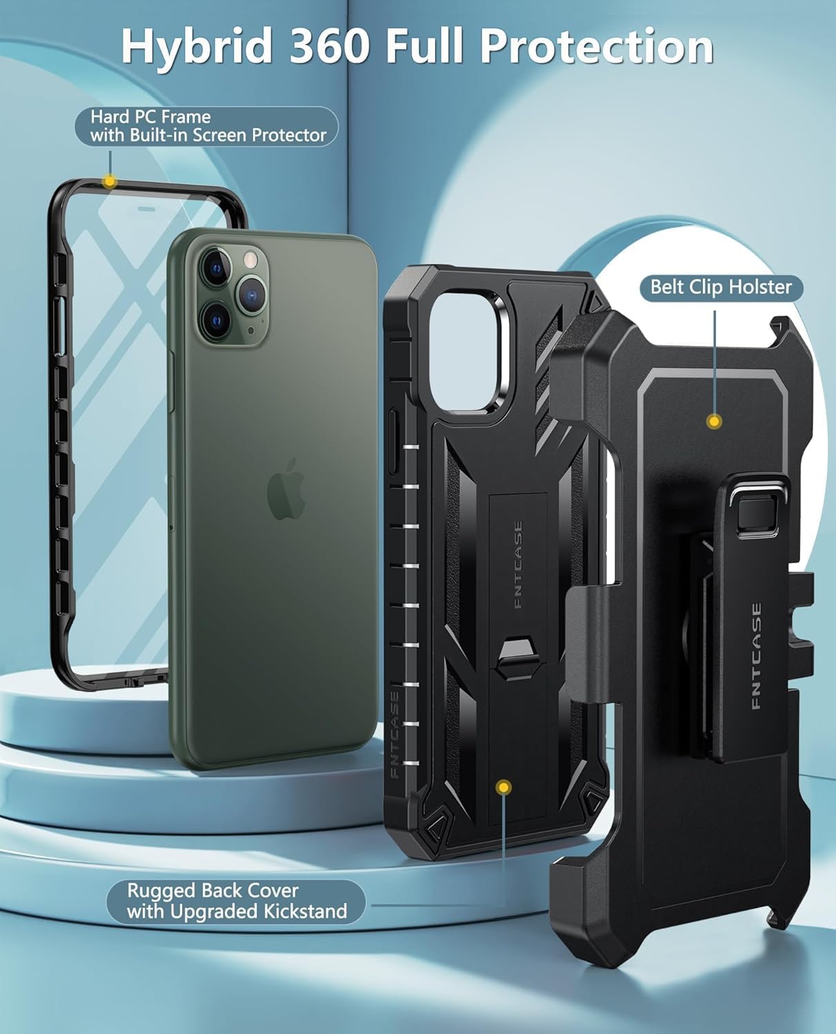 FNTCASE for iPhone 11 Pro Max Military Shockproof Case: with Belt-Clip Holster & Built-in Screen Protector & Kickstand