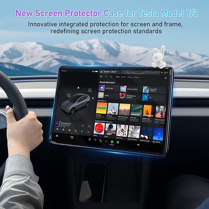Car Navigation Screen Protector for Tesla Model 3 (2023-2017) and Model Y (2024-2020), 9H Tempered Glass + PC Frame Integrated