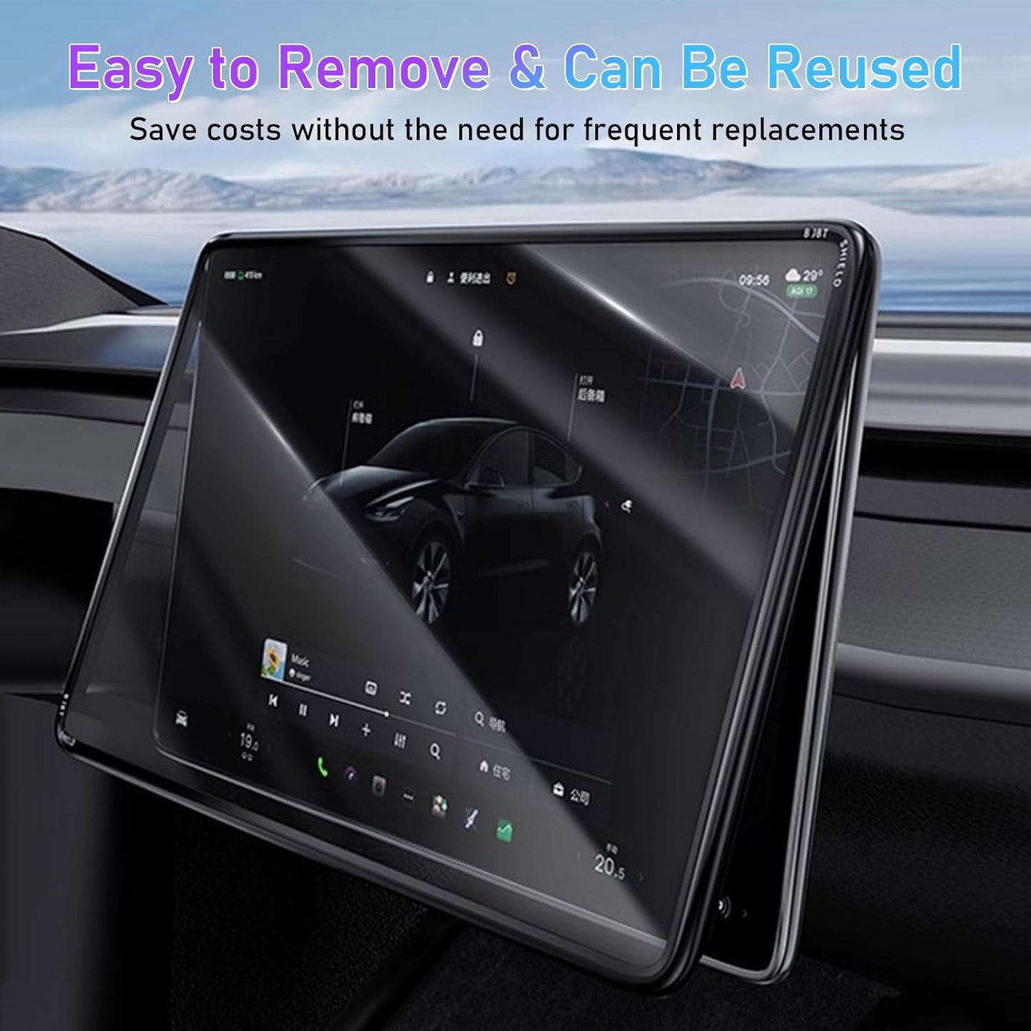 Car Navigation Screen Protector for Tesla Model 3 (2023-2017) and Model Y (2024-2020), 9H Tempered Glass + PC Frame Integrated